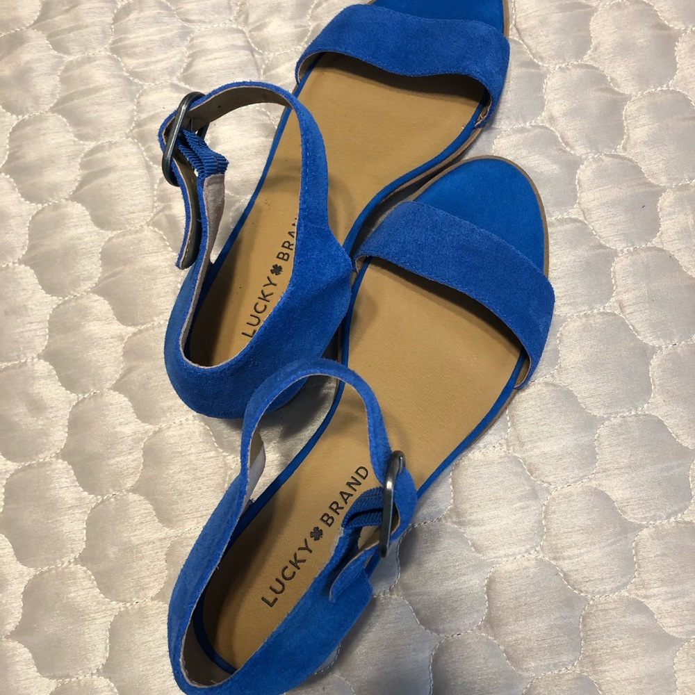 Lucky Brand Blue Suede Wedge Sandals | Ankle Strap | Size 8 - Picture 2 of 7